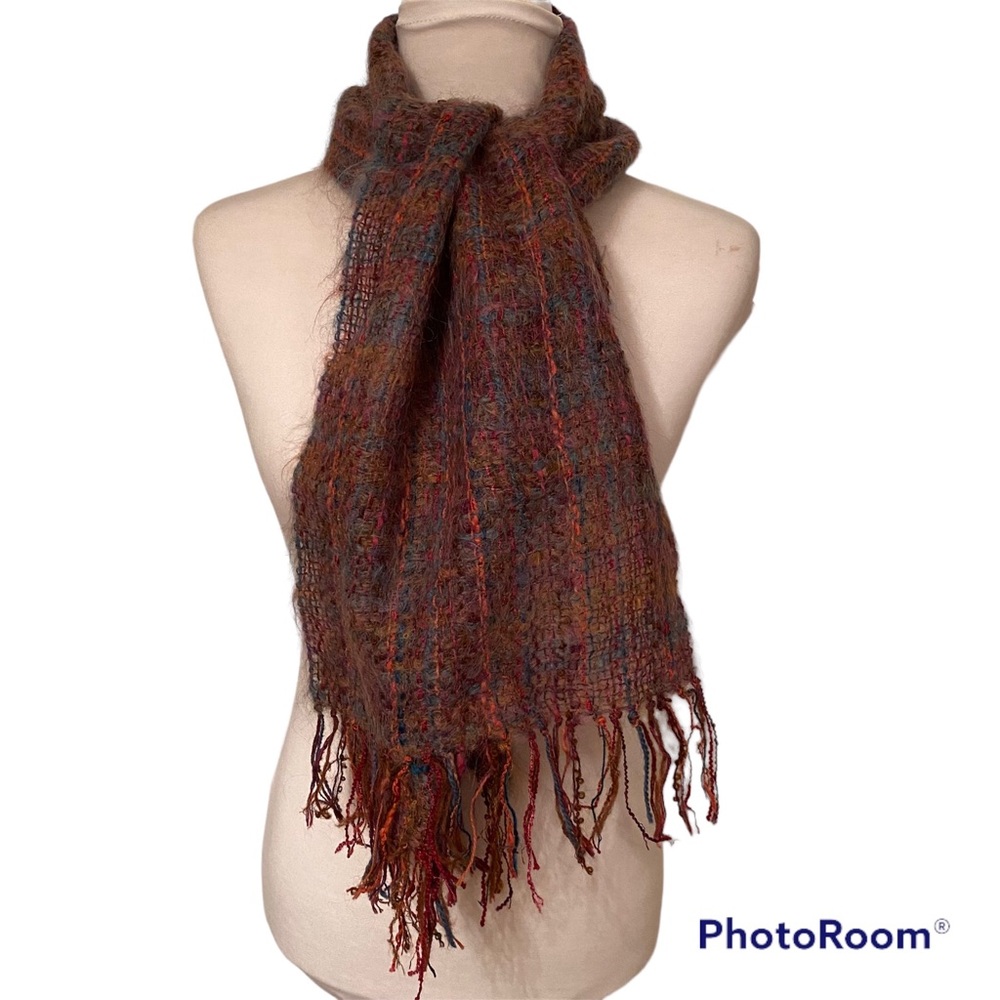 JANE FRENKE’S LOOM ROOM HANDWOVEN SCARF BLUE BROWN ORANGE PURPLE ACCESSORY